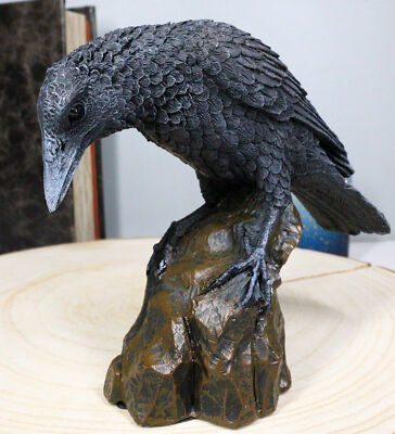 Raven Crow on Tree Stump Statue Cold Cast Resin Figurine 6'' Height