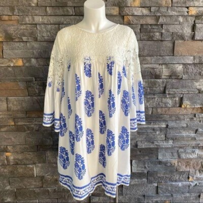 Entro Baby Doll Lace Detail White Blue Floral Print Mini Dress Medium