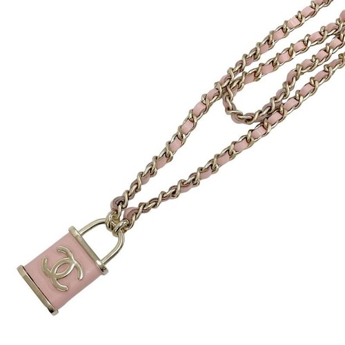 CHANEL CoCo Mark Padlock Double Chain Gold Pendant Necklace Color Pink 19.29in - 第 1/9 張圖片
