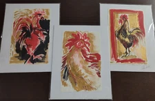 Hand Painted Roosters By TATY Lot Of 3 Acrylic Paints On Watercolor Paper Ta