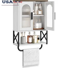 Bathroom Wall Cabinet W/ Adjtable Shelf Towel Bar Glass Doors Storage 