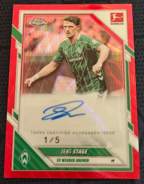 2025-26 Topps Chrome Bundesliga Jens Stage /5 Red Wave Auto #BA-JS Werder