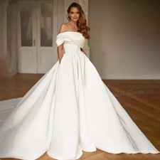 Princess A-Line Wedding Dress Women Open Back Satin Bridal Bride Gowns Train