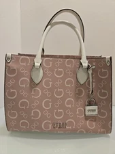Guess Los Angeles White And Pink Leather Satchel Handbag Woth Classic " G" Logo