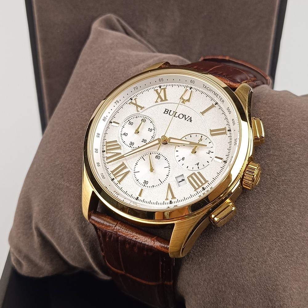 Men's Bulova Classic Wilton 97B169 White Dial Brown Leather Strap Quartz Watch