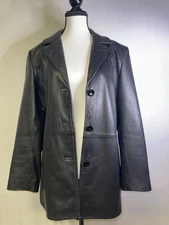 Women’s Black Leather Blazer Jacket Medium 2000s Y2K Button Front Vintage