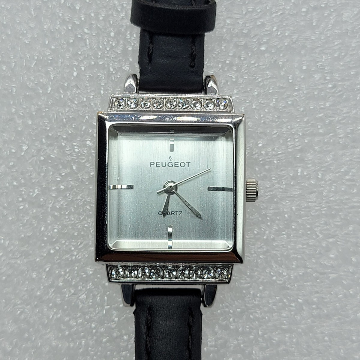 Peugeot Women Watch 22mm Square Dial Silver Tone Black Leather
