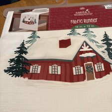 santas workshop House Winter Scene table runner fabric 13X72. New With Tags