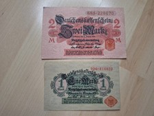 1 Und 2 Mark Darlehenskassenschein 1914 German Empire Banknote Deutschland