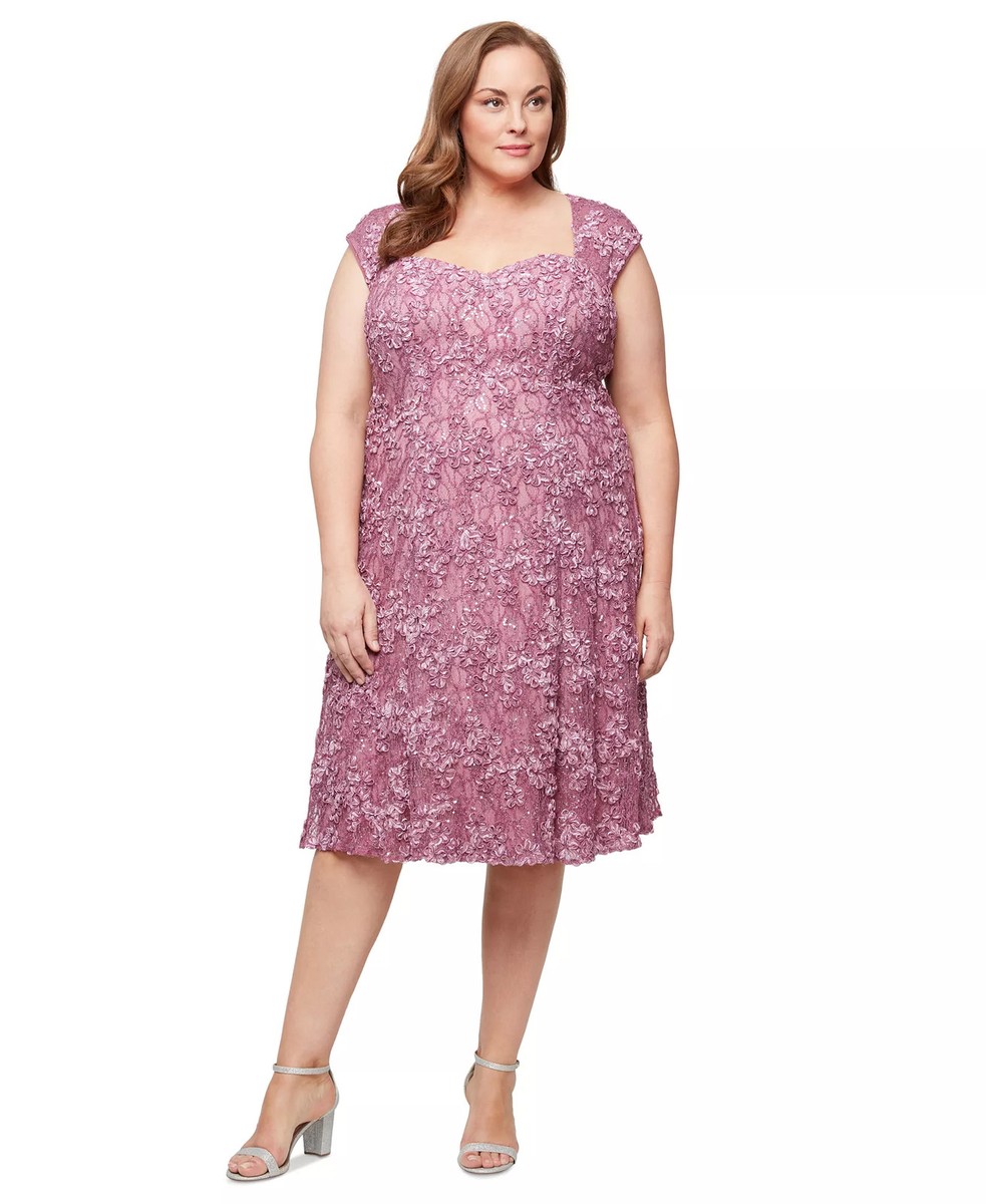 alex evenings plus size sequined lace a line dress Alex Evenings Plus Size Lace Midi Dress Soutache Sequin A-Line Mauve Pink  18W