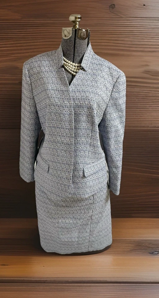 全新 Kasper 裙子套装 18 码 两件套口袋纹理黑色蓝色白色 — 第 4/4 张图片