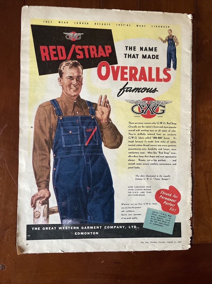 G.W.G. Red Strap Overalls. Original Vintage Ad 1951 Toronto Star