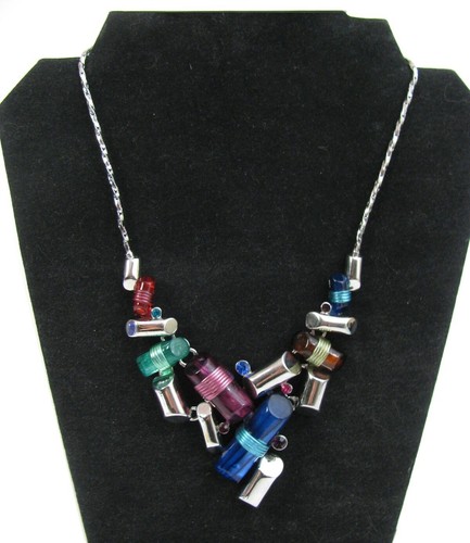 Colorful Modern Geometric Art Choker Necklace Silver Rhinestone Blue Tube Bib
