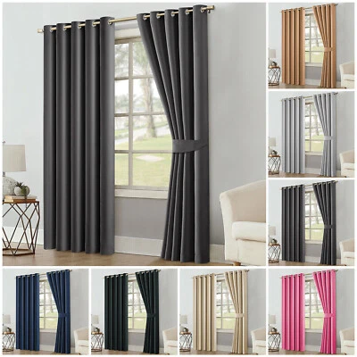 Thick Thermal Blackout Curtains Ready Made Eyelet Ring Top Pair Panel +Tie Backs - Image 1 of 4