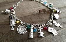 Alice in Wonderland Charm Bracelet Antiqued Silver Fairy Tale Jewelry 7 7/8"