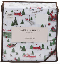 Laura Ashley Twin Size Cotton Flannel Sheet Set - Christmas Holiday Village