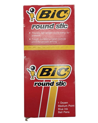 Vintage 1987 BIC Round Stic Biro Pens Blue Ink Med Point Ball Pens USA #GSM11