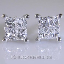 Diamond Cluster Stud Earrings 1.00ct Certified Princess Cut F VS 18ct White Gold
