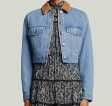 $378 Veronica Beard Jeans Women's Blue Peyton Sherpa Cropped Jean Jacket Size S