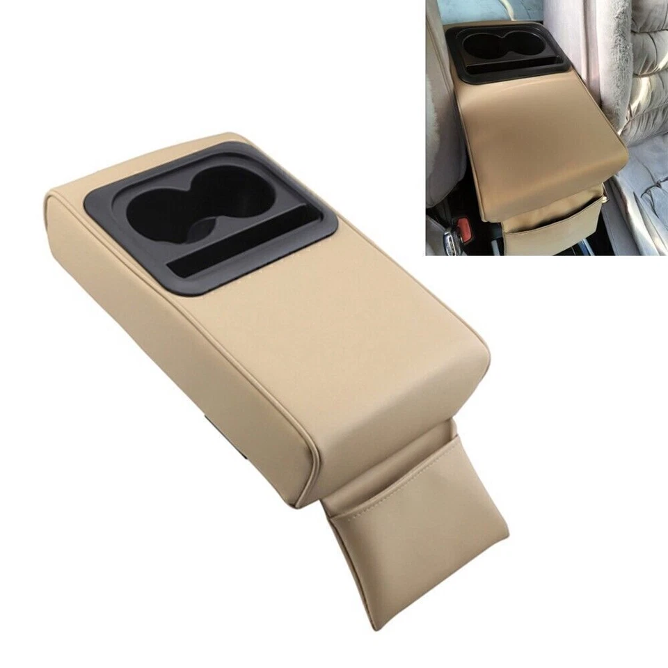 Car Armrest Leather Cushion Center Console Heighten Elbow Pad Cup Holder Beige Foto 4 de 4