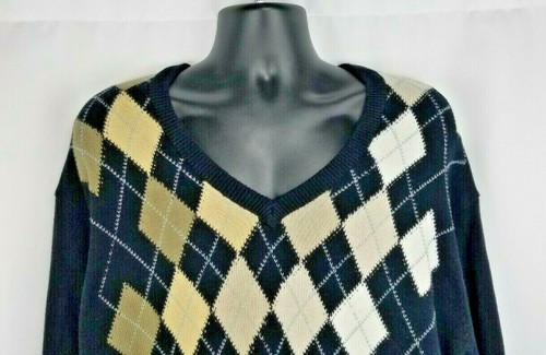 L.L. Chaleco Suéter BEAN Talla LT Azul Marino/Beige Algodón Argyle Cuello en V Hecho en Escocia - Imagen 2 de 4