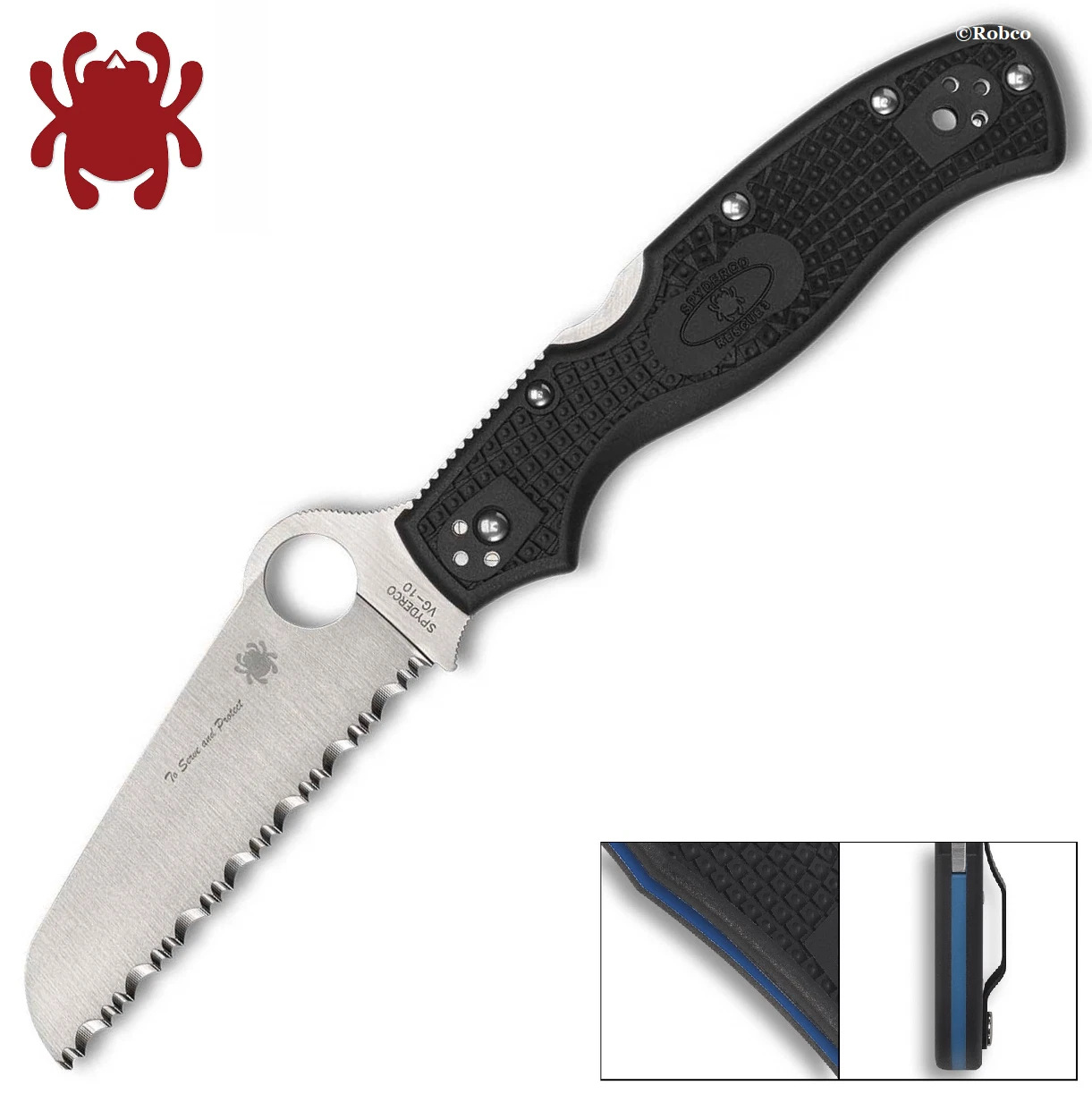 Spyderco Rescue 3 Thin Blue Line VG10 Satin Serrated Blade Black FRN C14FSBKBL3