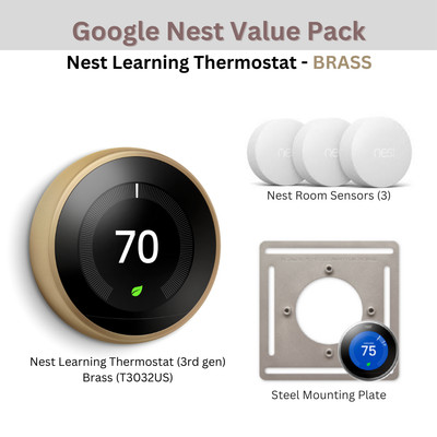 BRASS Pack: Nest Learning Thermostat 3rd gen + 3x Room Sensors + Mounting Plate