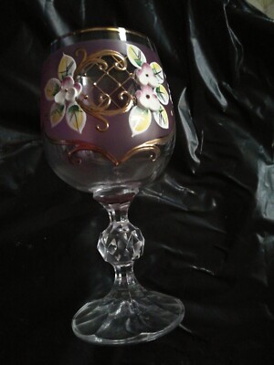 Weinglas rosa Bohemia Emaille handbemalt Blumen-Gold verziert Vintage Kristall