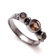 Smoky Quartz Round Ring Solid Silver Oxidized Elegant Jewelry For Wedding Gift