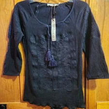 Solitaire By Ravi Khosla Women's Black 3/4 Sleeve Embroidered Top Size Medium