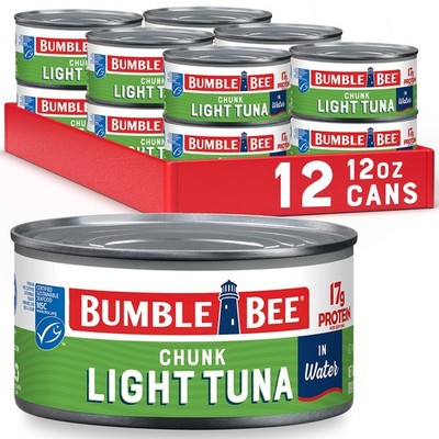 Bumble Bee Chunk Light Tuna in Water, 12 oz Cans (Pack of 12) - Wild Caught Tuna