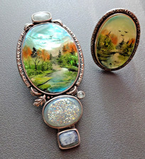 RARE Amy Kahn Russell Sterling Silver Drusy Pendant Brooch Ring MOP Painted Set