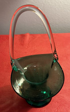 Vintage Ice Green Blown Art Glass Basket Stretched with Clear Handle Murano