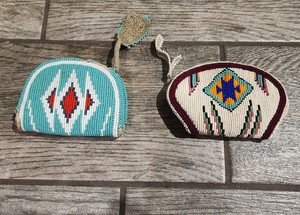 Native American vintage Pair Seed glass Bead Pouch Purse teal and cream color