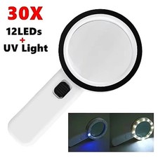 30X Jumbo Handheld Magnifying Glass w/ 12 Bright LED Light Illuminated Magnifier
