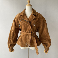 Women's Genuine Suede Leather Jacket Belted Biker Motorcycle Coat - ALL SIZES