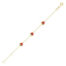 Kids 14K Yellow Gold Enamel Strawberry Cable Bracelet Solid 4.75"-5.5" Adjust