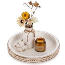 Round Wooden Decorative Tray: White Washed Bead Tray Decor for Coffee Table C...