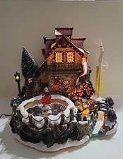 Christmas Village MILL SCENE Fiber Optic Changing Light, Music, Skater Pond 