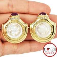 Estate Diamond Ruby MOP 14K Gold Large Cameo Solider Earrings 24.3 Gr NR