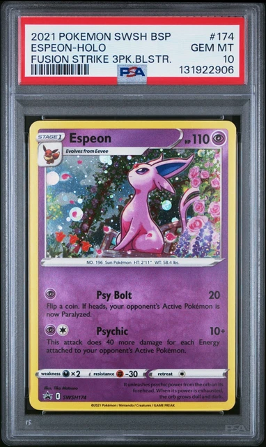 POKEMON SWSH BLACK STAR PROMO #174 ESPEON-HOLO FUSION STRIKE 3PK.BLSTR. PSA 10