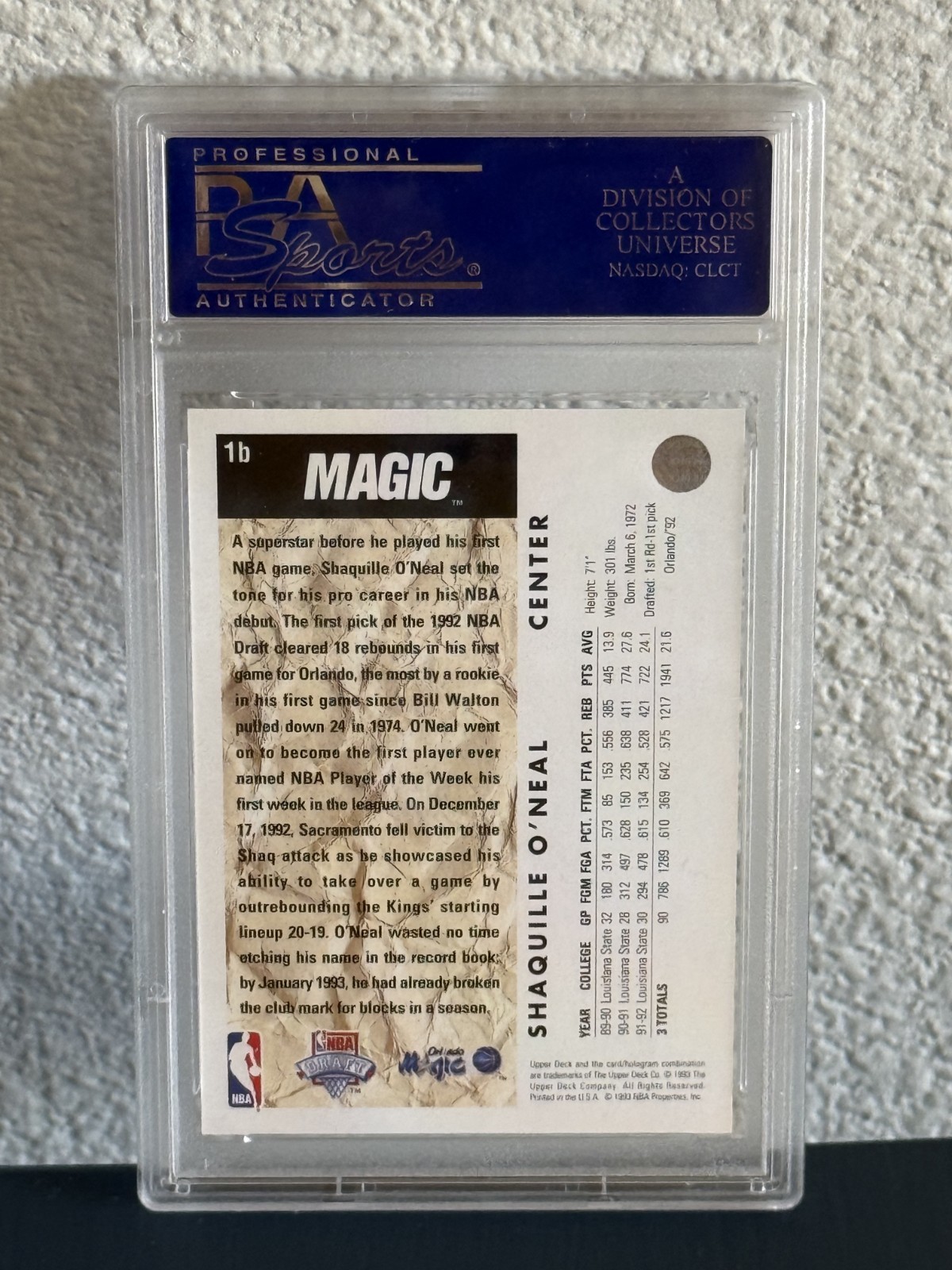 1992 Upper Deck Shaquille O'Neal #1b Trade Card Rookie RC PSA 10 GEM MINT Magic view 2