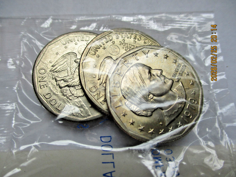 3 FIRST YEAR MINT  SET SUSAN B. ANTHONY DOLLAR COINS 1979 MINT MARKS P.D&S.
