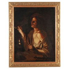 Quadro Antico Dipinto con Fumatore di Pipa Olio su Tela XVIII Secolo