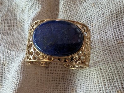 Karis STS Gold Tone & Blue Lapis Lazuli Bracelet Sz 6.5 Hinged