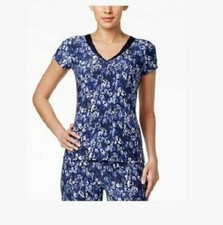 Alfani V-Neck Floral-Print Pajama Top in Blue Leo Stride, Small