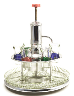 50er Jahre Dekanter Dreh Karussel Schnaps-/Likörspender Set, Park Sherman-Stil
