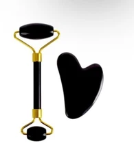 Jade Roller and Gua Sha Set Anti Aging Black Gold Face Massager FREE SHIP US