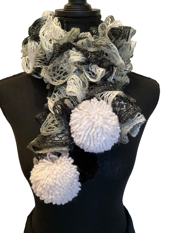 Ob.D. Handmade, Hand Knit Team Spirit Scarf, Black Metallic Lace w/Pom-Poms
