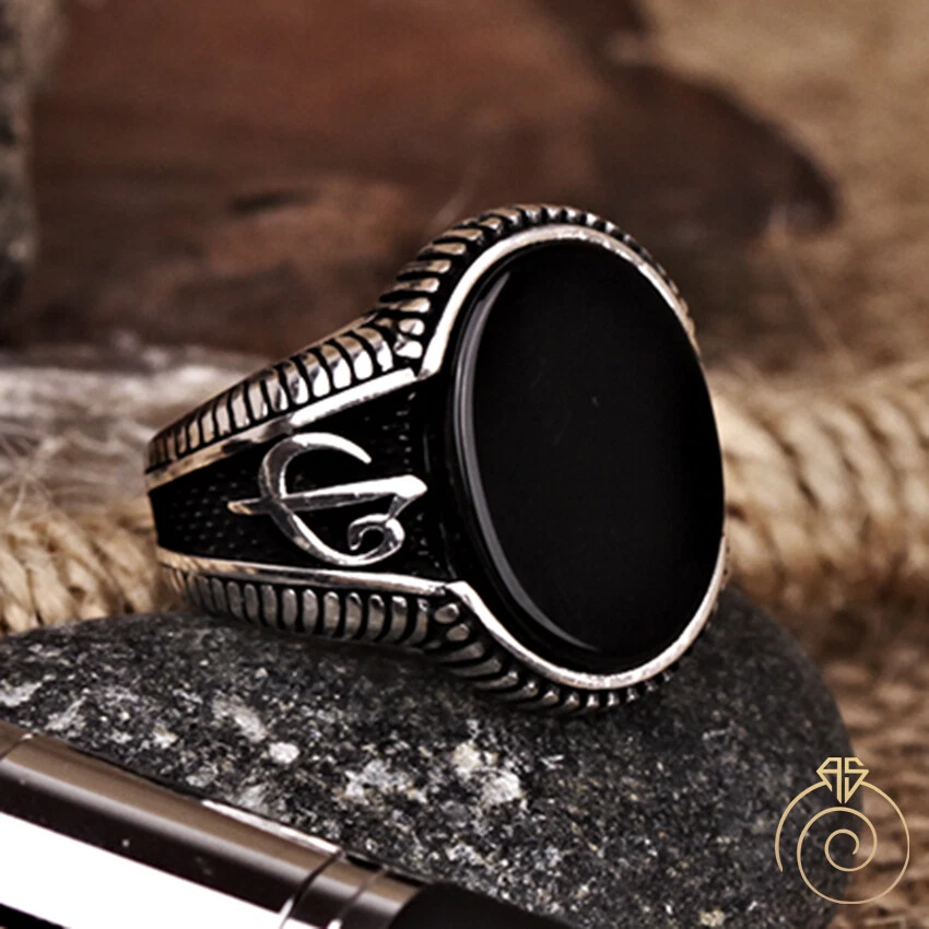 Black Stone Mens Muslim Ring Arabic Letter Alif Waw Custom Made